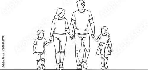 One line drawing of family walking together holding hands representing unity love and minimalist modern lifestyle concept