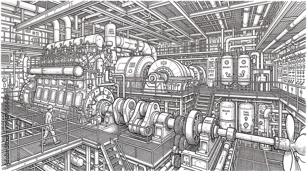 Obraz premium Detailed technical drawing of a large industrial engine room with complex machinery and massive crankshaft.