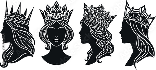 Elegant queen silhouette portraits with ornate crowns, royal female profiles isolated black vector illustration for luxury emblem design