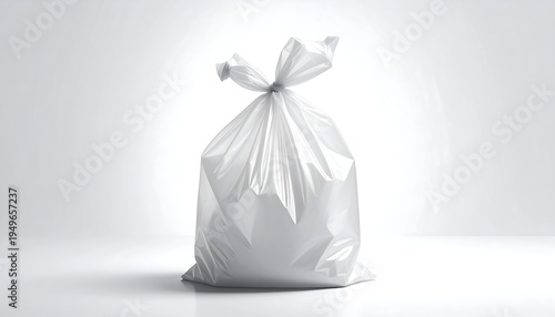 A close-up studio shot shows a filled, translucent white plastic bag, tied securely at the top, against a seamless white background