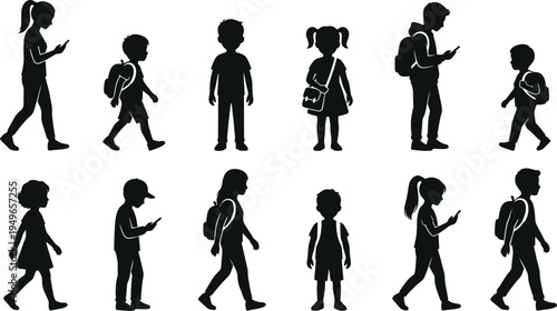 School children silhouettes with backpacks and smartphone, boys and girls walking student kids isolated black vector illustration set