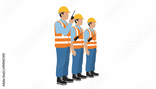Three construction workers in safety vests and hard hats, holding walkie-talkies, standing in a line, ready for work.