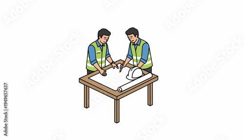 Two engineers or architects in safety vests reviewing blueprints and plans on a table with a hard hat.