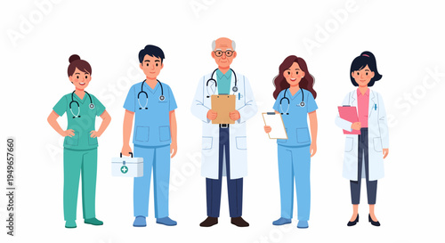 Illustration of a diverse team of five medical professionals, including doctors and nurses, standing together in their uniforms on a white background.