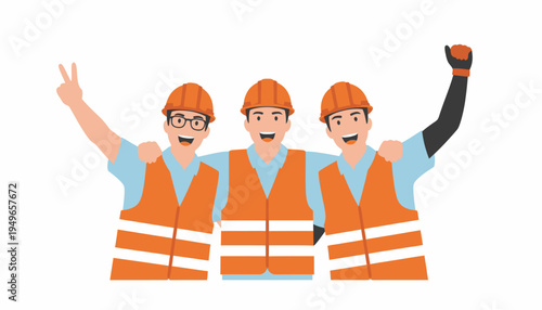 Three happy construction workers or engineers in orange vests and hard hats celebrating teamwork and success.
