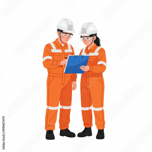 Two industrial workers in orange coveralls and hard hats discussing plans on a clipboard.