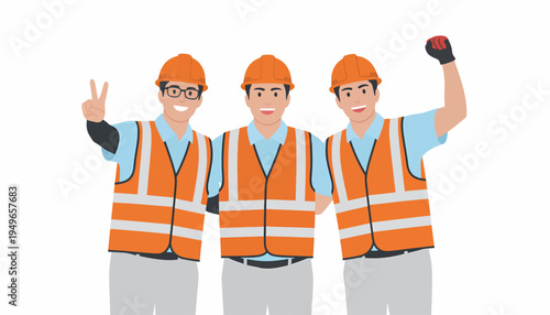 Three happy construction workers in hard hats and safety vests posing together, smiling and showing positive gestures.