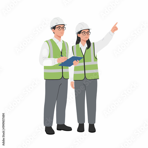 Two construction or industrial workers, a man and a woman, wearing hard hats and safety vests, discussing plans on a job site.