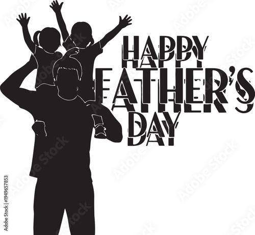 Happy Father's Day Joyful Silhouette: Dad Carrying Two Happy Children on Shoulders, Celebrating Family Fun