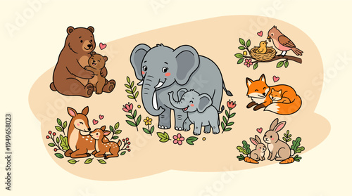 Mother animals with babies illustration symbolizing motherhood and maternal love in cute nature scene.