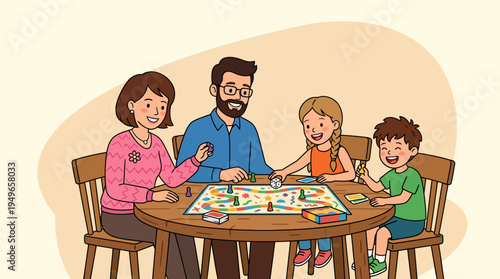 Family playing board game together creating happy bonding moment with mother.