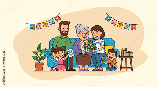 Grandmother receiving flowers from grandchildren during Mother's Day celebration at home.