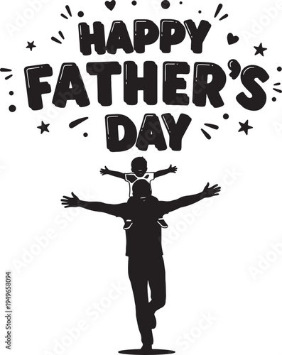 Happy Father's Day Playful Doodle Design: Dad Carrying Child on Shoulders with Joyful Hearts and Stars