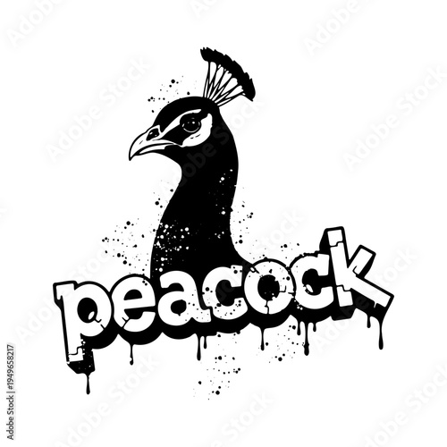 Elegant peacock head profile with urban graffiti lettering and paint drips