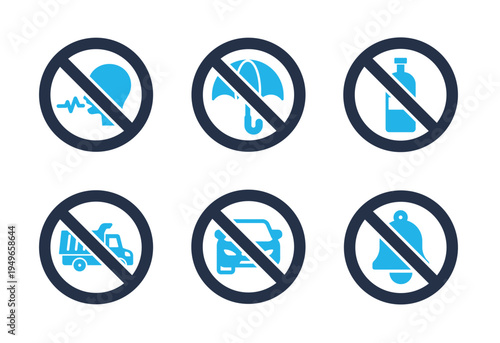 Noise and Specific Item Prohibition icon set. Solid glyph series icons