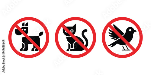 No pets prohibition sign illustration, cat dog and bird silhouettes with red ban symbol indicating restricted animals in public spaces.