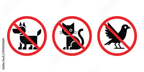 No pets allowed sign illustration, prohibition symbol with cat dog and bird silhouettes indicating restricted animals for public areas.