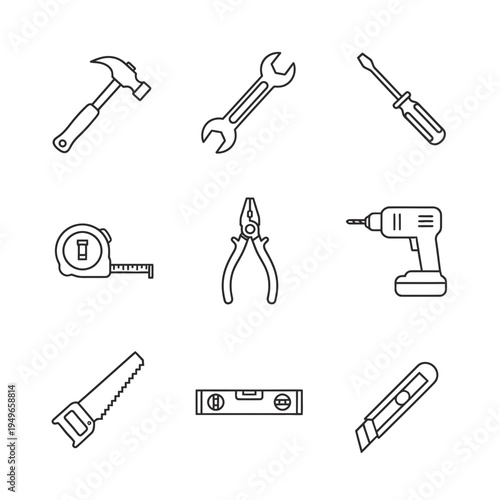 Collection of Tools Hammer, Wrench, Screwdriver, Measuring Tape, Pliers, Drill, Saw, Level, and Utility Knife