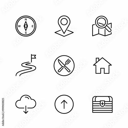 Collection of nine icons representing navigation, location, food, achievement, housing, cloud storage, upward movement, and treasure