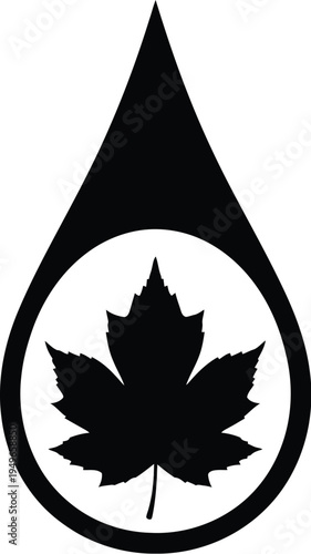 Black silhouette of a maple leaf perfectly centered within a teardrop or droplet shape symbolizing natural resource conservation.