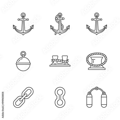 Collection of nautical and maritime symbols anchors, bollards, chains, and buoys for marine and watercraft related designs