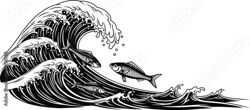 Large ocean wave dramatically crashes with several fish swimming against the powerful water current in detailed monochrome.