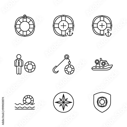 Marine Safety Icons Lifebuoys, Life Vests, Anchors, Boats, and Rescue Equipment Graphics