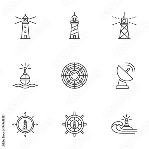 Collection of Maritime and Navigation Icons including lighthouses, buoys, radar, compass, ship wheel, and wave signals, perfect for nautical themes