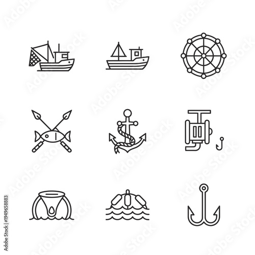 Set of nautical and fishing icons, including boats, anchors, fishing reels, harpoons, and fish