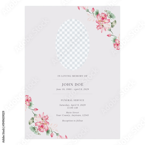 Minimalist funeral invitation featuring watercolor-style pink lotus flowers arrangement and an oval photo placeholder on a soft purple background