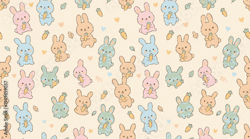 Cute vector pattern of colorful bunnies eating carrots on a beige background with playful pastel tones