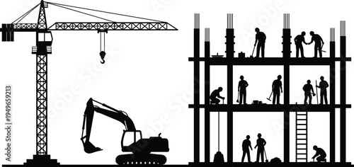 Construction building silhouette with tower crane excavator and workers on multi story structure industrial engineering teamwork heavy machinery infrastructure development concept isolated