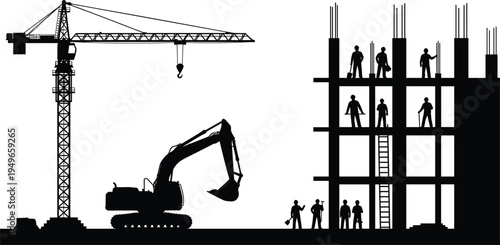 Construction building silhouette with tower crane excavator and workers on reinforced concrete structure industrial engineering teamwork infrastructure development concept isolated background