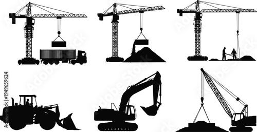 Construction machinery silhouettes set with tower cranes excavator loader truck and lifting equipment representing heavy industry engineering infrastructure development building site concept
