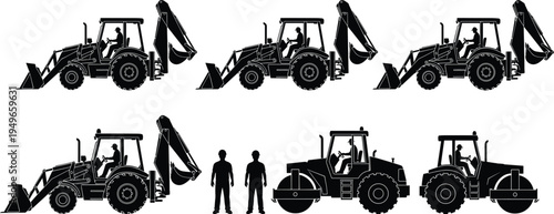 Construction machinery silhouettes with backhoe loaders road rollers and operators heavy equipment vehicles for road building and engineering industry isolated