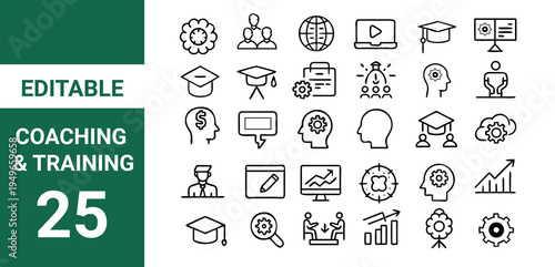 Capacity building line editable icon set. Contain icons related to training,Coaching and Training icon set.