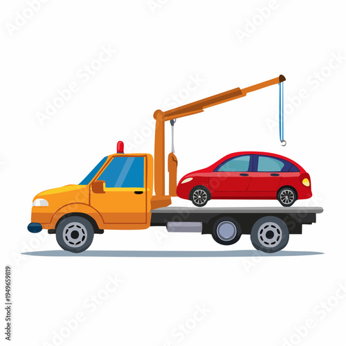 Tow truck carrying a red car vector illustration. Roadside assistance transport.