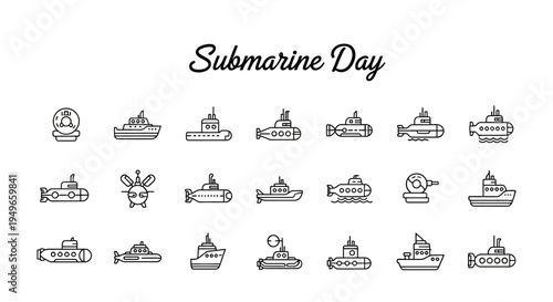 Vector illustration of submarine day with various naval submarine icons and designs on a white background.