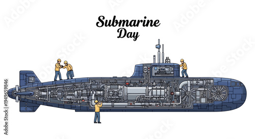 Illustration of a submarine with cutaway view showing internal components and workers on and around it, celebrating Submarine Day with a technical and industrial theme.