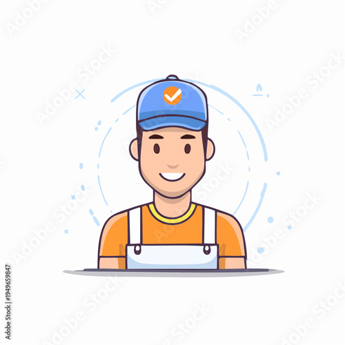 Smiling service worker wearing a blue cap with a checkmark, ready to assist clients.