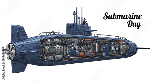 Illustration of a cutaway naval submarine with internal components visible, labeled as Submarine Day in a vector design style on a white background.