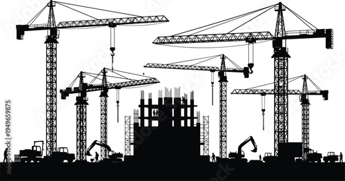 Construction site silhouette with multiple tower cranes excavators trucks and workers building high rise concrete structure heavy machinery industrial engineering infrastructure development concept