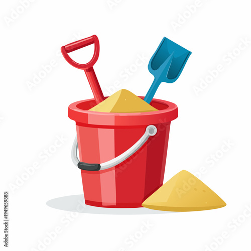 Red bucket filled with sand and toys for a day at the beach