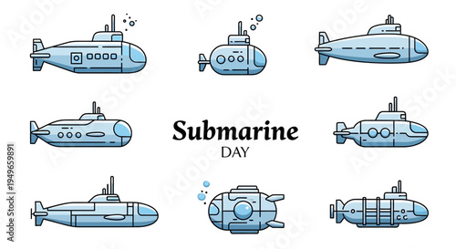 Illustration of various submarine designs for Submarine Day, featuring blue naval vessels in different views and poses on a white background with a vector style.