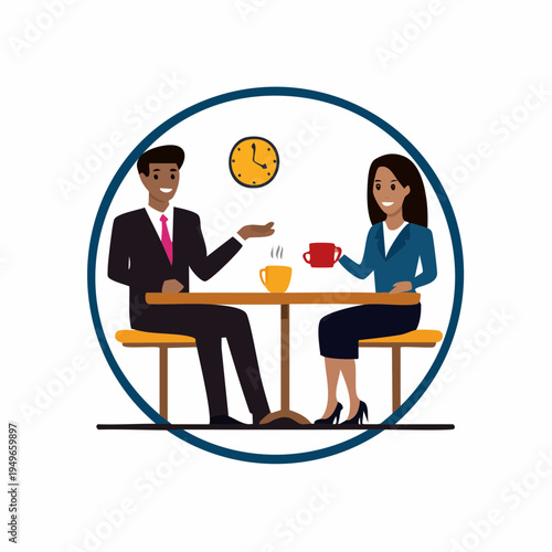 Business people sitting and chatting over coffee at a table inside a blue circle.