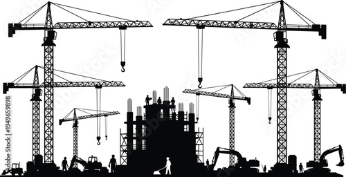 Construction site silhouette with multiple tower cranes excavators and workers building high rise concrete structure heavy machinery industrial engineering infrastructure development concept isolated