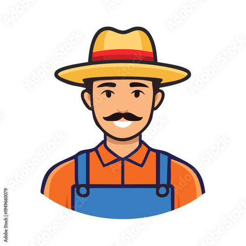 Cartoon farmer character with straw hat and overalls in a flat illustration style
