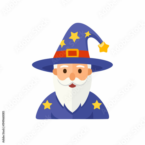 Cartoon wizard illustration with blue hat and beard, fantasy character portrait