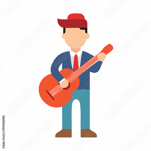 Cartoon figure playing a red acoustic guitar, musical performance concept.