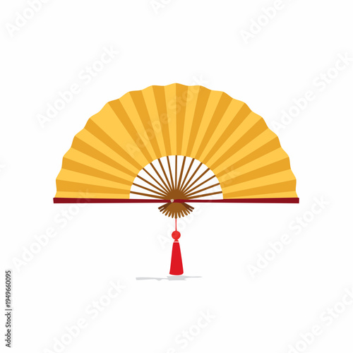 Cartoon illustration of a yellow paper hand fan with red tassel